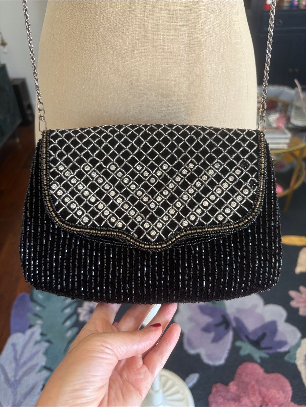 Gorgeous! Vintage Black Silver & Gold Beaded Velvet Clutch Crossbody Bag